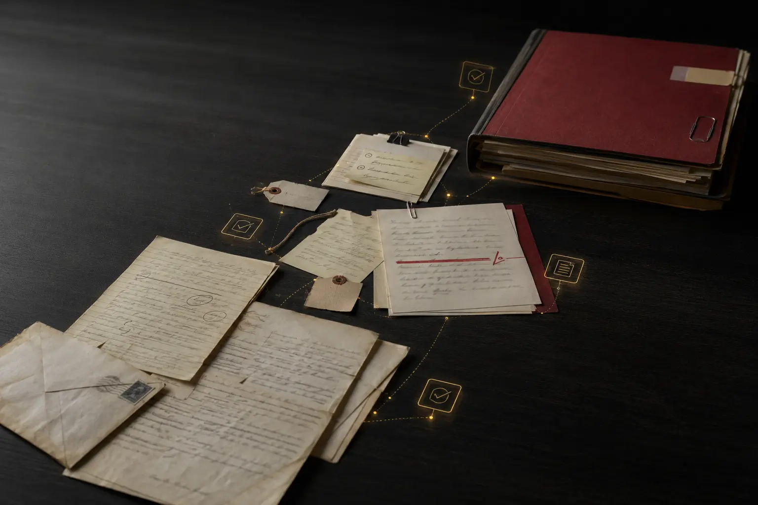 Editorial illustration of documents connected into an audit trail